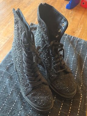 Steve Madden Black Crystal Lace-Up Combat Boots
